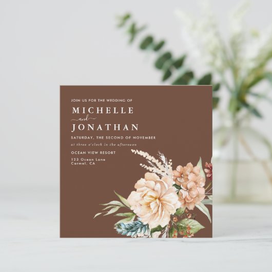 Rustieke Boho Herfst Bloemen Bruiloft Uitnodiging (Staand voorkant)