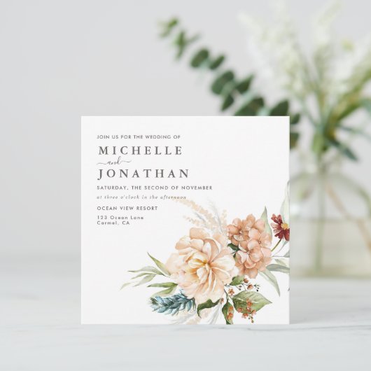 Rustieke Boho Herfst Bloemen Bruiloft Uitnodiging (Staand voorkant)