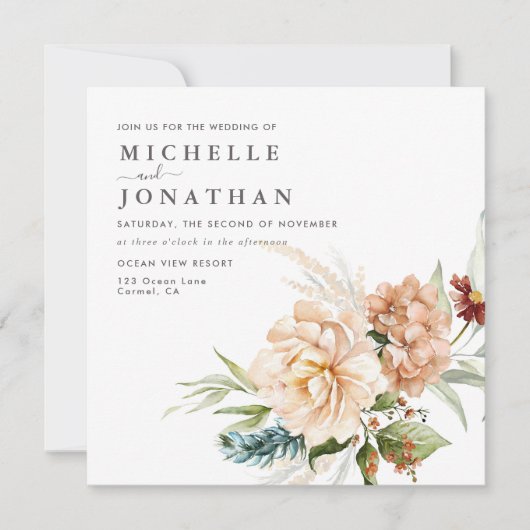 Rustieke Boho Herfst Bloemen Bruiloft Uitnodiging (Voorkant)