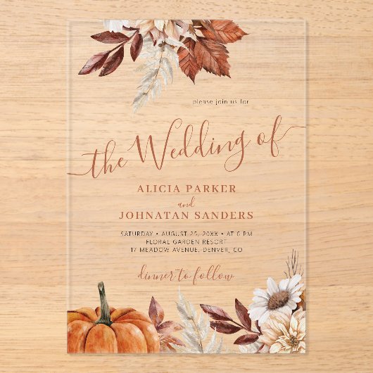 Rustieke Boho Herfst herfst Botanische bruiloft Acryl Uitnodigingen (Voorkant)