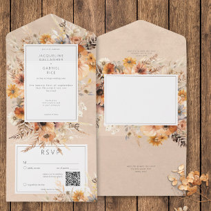 Rustieke Boho Herfst Peach & Rust Bloemen QR Code All In One Uitnodiging