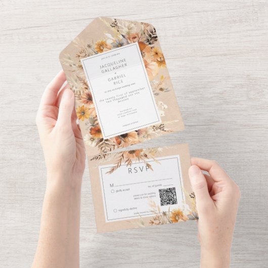 Rustieke Boho Herfst Peach & Rust Bloemen QR Code All In One Uitnodiging (Afscheurbaar)