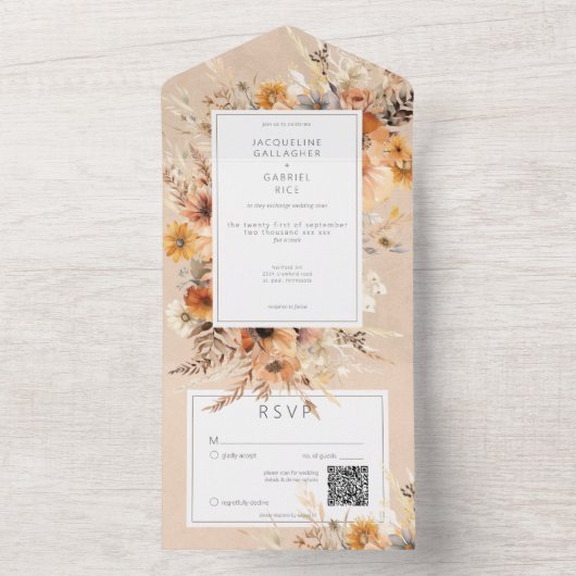 Rustieke Boho Herfst Peach & Rust Bloemen QR Code All In One Uitnodiging (Binnen)