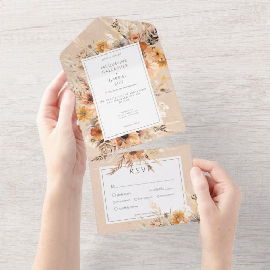 Rustieke Boho Herfst Peach & Rust Bloemendiner All In One Uitnodiging (Afscheurbaar)
