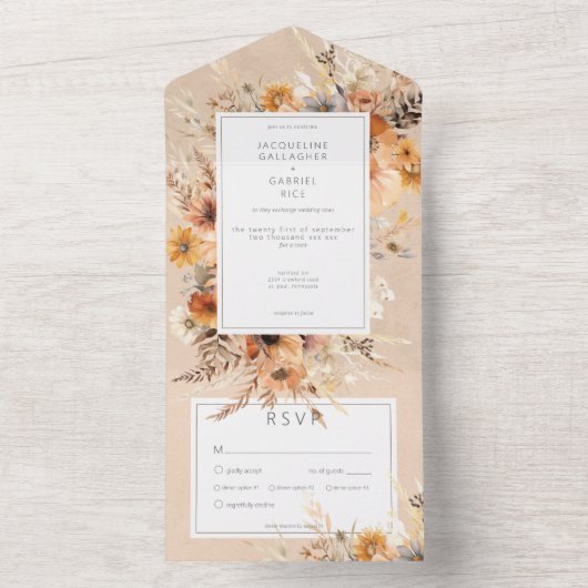 Rustieke Boho Herfst Peach & Rust Bloemendiner All In One Uitnodiging (Binnen)