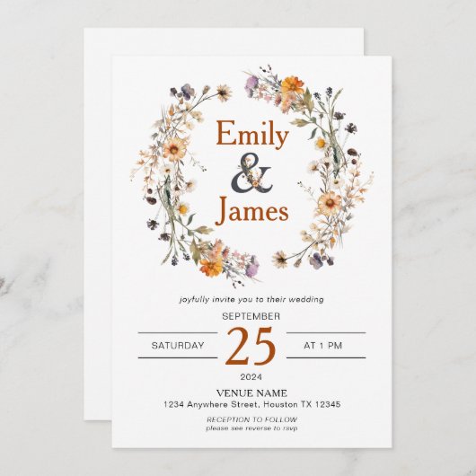 Rustieke Boho Herfst Wilde Bloemen Bruiloft Kaart (Voorkant / Achterkant)