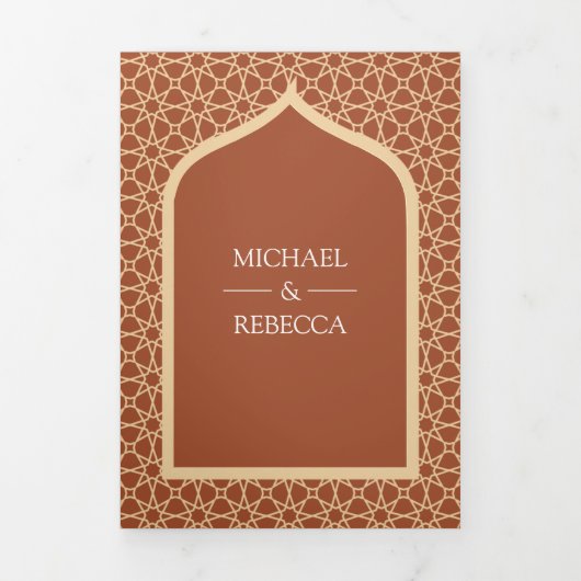 Rustieke Boho Indiase Lattice Arch Terracotta brui Drieluik Uitnodiging (Cover)
