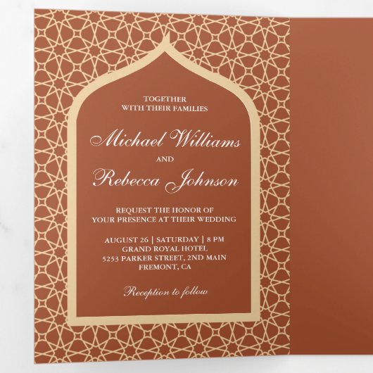 Rustieke Boho Indiase Lattice Arch Terracotta brui Drieluik Uitnodiging (Binnenzijde eerst)