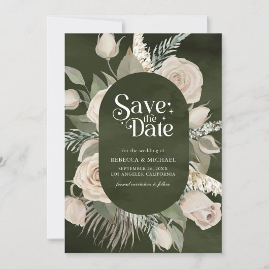 Rustieke Boho Ivoor Rozen Dark Sage Wedding Save The Date (Voorkant)