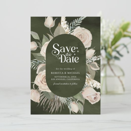 Rustieke Boho Ivoor Rozen Dark Sage Wedding Save The Date (Staand voorkant)