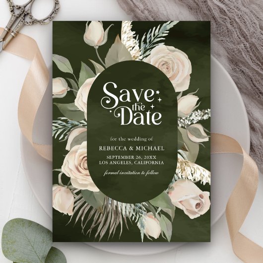 Rustieke Boho Ivoor Rozen Dark Sage Wedding Save The Date