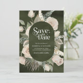 Rustieke Boho Ivoor Rozen Donkere Salie Bruiloft Save The Date (Staand voorkant)