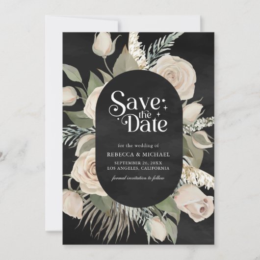 Rustieke Boho Ivoor Rozen Sage Black Wedding Save The Date (Voorkant)