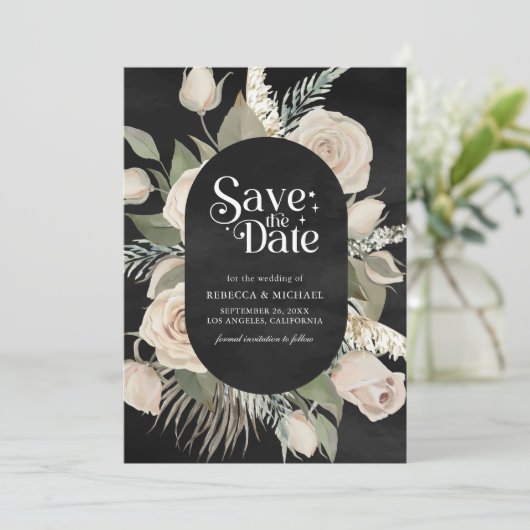 Rustieke Boho Ivoor Rozen Sage Black Wedding Save The Date (Staand voorkant)