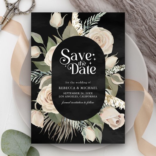 Rustieke Boho Ivoor Rozen Sage Black Wedding Save The Date