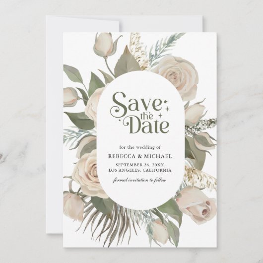 Rustieke Boho Ivoor Rozen Sage Green Wedding Save The Date (Voorkant)