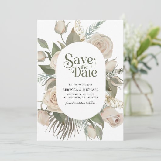Rustieke Boho Ivoor Rozen Sage Green Wedding Save The Date (Staand voorkant)