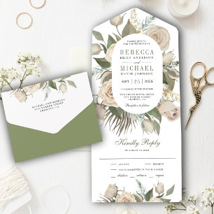 Rustieke Boho Ivoor Rozen Salie Groene Bladeren Tr All In One Uitnodiging