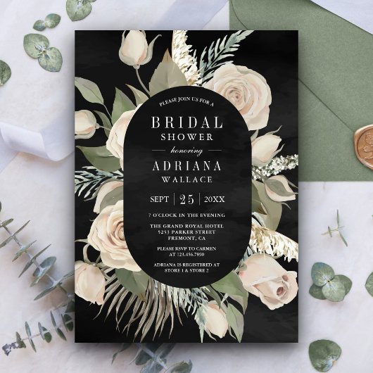 Rustieke Boho Ivoor Rozen Salie Zwart Bruidsdouche Kaart