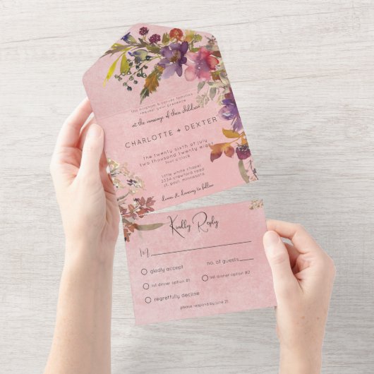 Rustieke Boho Jewel Tone Florals Roze Diner All In One Uitnodiging (Afscheurbaar)