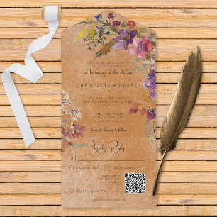 Rustieke Boho Jewel Tone Roest Bloemen QR Code All In One Uitnodiging
