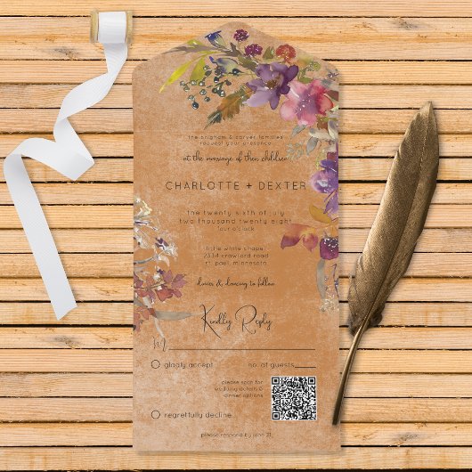 Rustieke Boho Jewel Tone Roest Bloemen QR Code All In One Uitnodiging