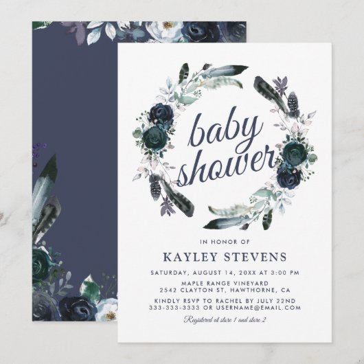 Rustieke Boho Jongen Blauwe Bloem Baby Shower Kaart (Voorkant / Achterkant)