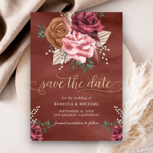 Rustieke Boho Kaneel Roos Bloemige Bruiloft Save The Date