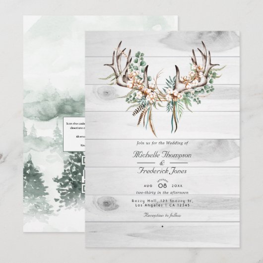 Rustieke Boho Katoen en Eucalyptus QR Code Trouwen Kaart (Voorkant / Achterkant)