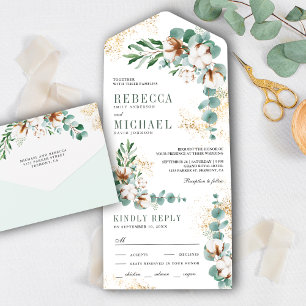 Rustieke Boho Katoen Gouden Eucalyptus Tak Bruilof All In One Uitnodiging