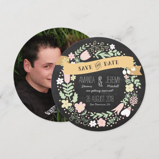 Rustieke Boho Krans Krijtbord Foto Save the Date (Voorkant / Achterkant)