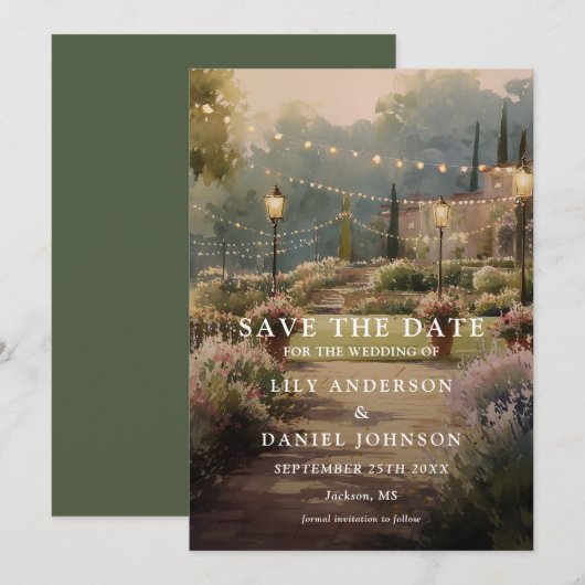 Rustieke Boho Landtuin Slingerlichten Bruiloft Save The Date (Voorkant / Achterkant)