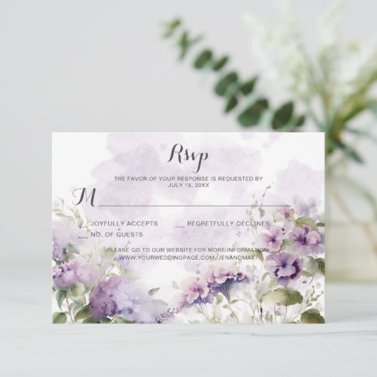 Rustieke Boho Lavendel Paarse Bloemen Bruiloft RSVP Kaartje (Staand voorkant)