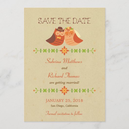 Rustieke Boho Liefdesvogel Uil Bruiloft Save The Date (Voorkant)