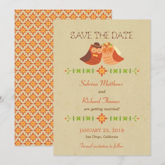 Rustieke Boho Liefdesvogel Uil Trouwdag Save The Date (Voorkant / Achterkant)