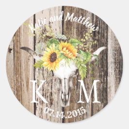 Rustieke Boho Longhorn Zonnebloem Monogram Bruilof Ronde Sticker