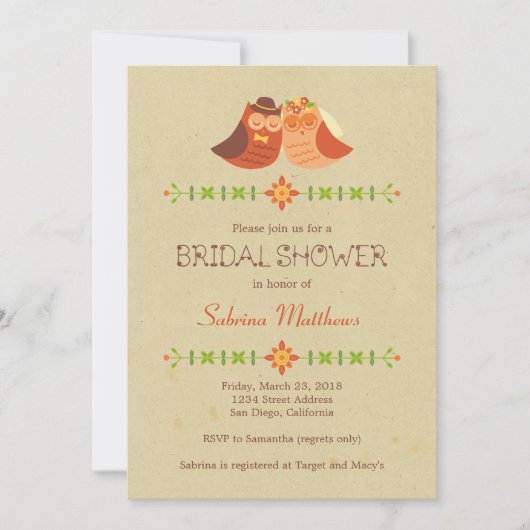 Rustieke Boho Lovebird Uil Paar Bruiloft Kaart (Voorkant)