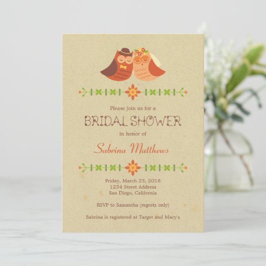 Rustieke Boho Lovebird Uil Paar Bruiloft Kaart (Staand voorkant)