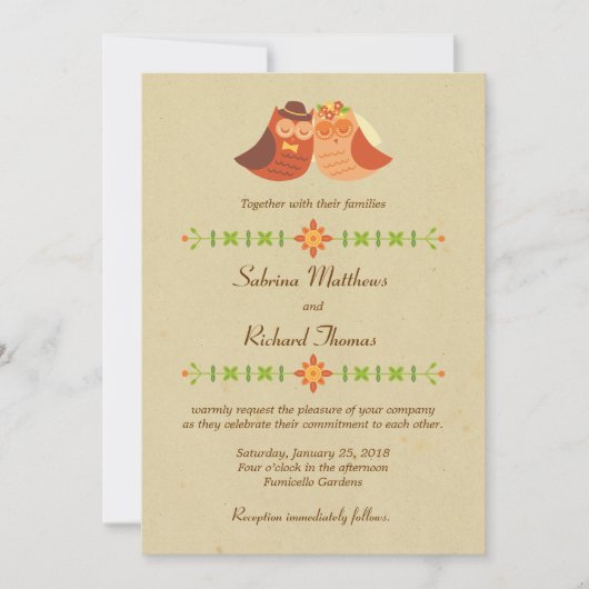 Rustieke Boho Lovebird Uil Paar Bruiloft Kaart (Voorkant)
