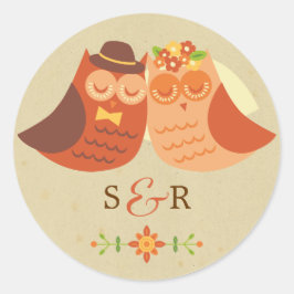 Rustieke Boho Lovebird Uil Paar Bruiloft Ronde Sticker