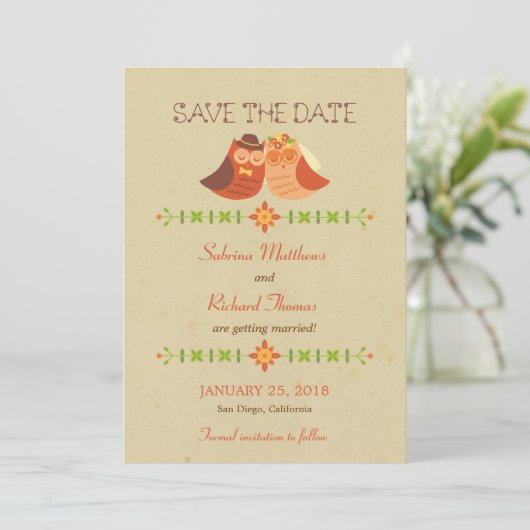 Rustieke Boho Lovebird Uil Paar Bruiloft Save The Date (Staand voorkant)