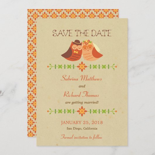 Rustieke Boho Lovebird Uil Paar Bruiloft Save The Date (Voorkant / Achterkant)