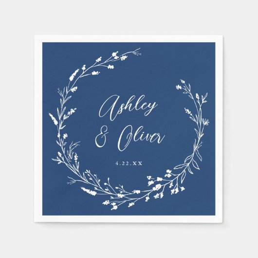 Rustieke Boho Marine Blauw Wildbloem Bloemen Bruil Servet (Voorkant)