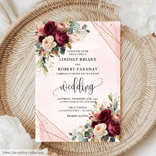 Rustieke Boho Maroon Goud Blush Rozen Trouw Uitnod Kaart