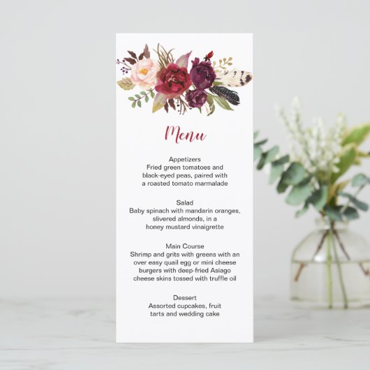 Rustieke Boho Marsala Bloemen Veren Bruiloft Menu (Staand voorkant)