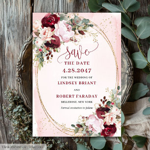 Rustieke Boho Merlot Blush Gouden Bloemen Bewaar D Kaart