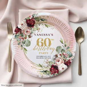 Rustieke Boho Merlot Roze Gouden Bloemen Papieren Bordje