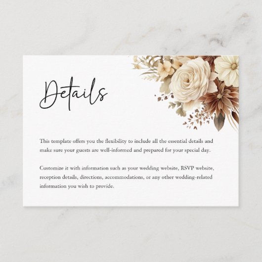Rustieke Boho Neutral Bloemen Trouwen Details Kaar Informatiekaartje (Voorkant)