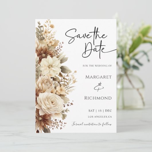 Rustieke Boho Neutral Floral Wedding Save the Date Kaart (Staand voorkant)