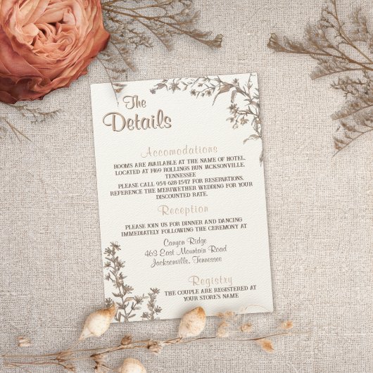 Rustieke Boho Neutral Wildflower Wedding Details Informatiekaartje